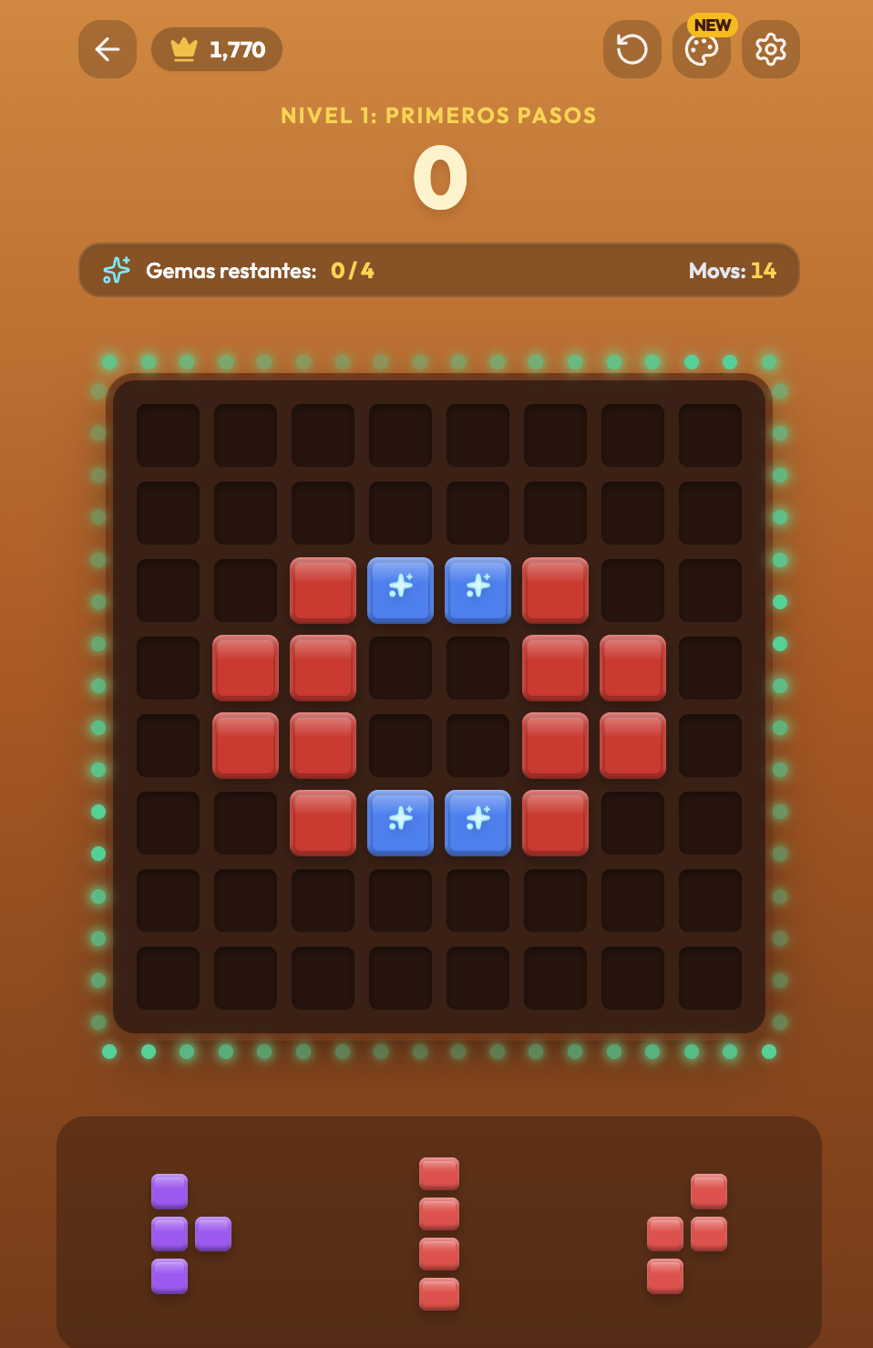 Nivel 1 Primeros Pasos del modo aventura de Block Quest con gemas por liberar