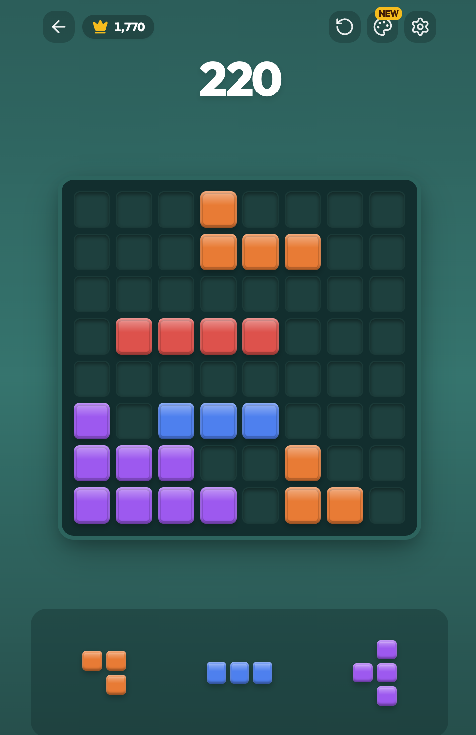 Partida del modo clásico de Block Quest con piezas de colores en el tablero de 8×8