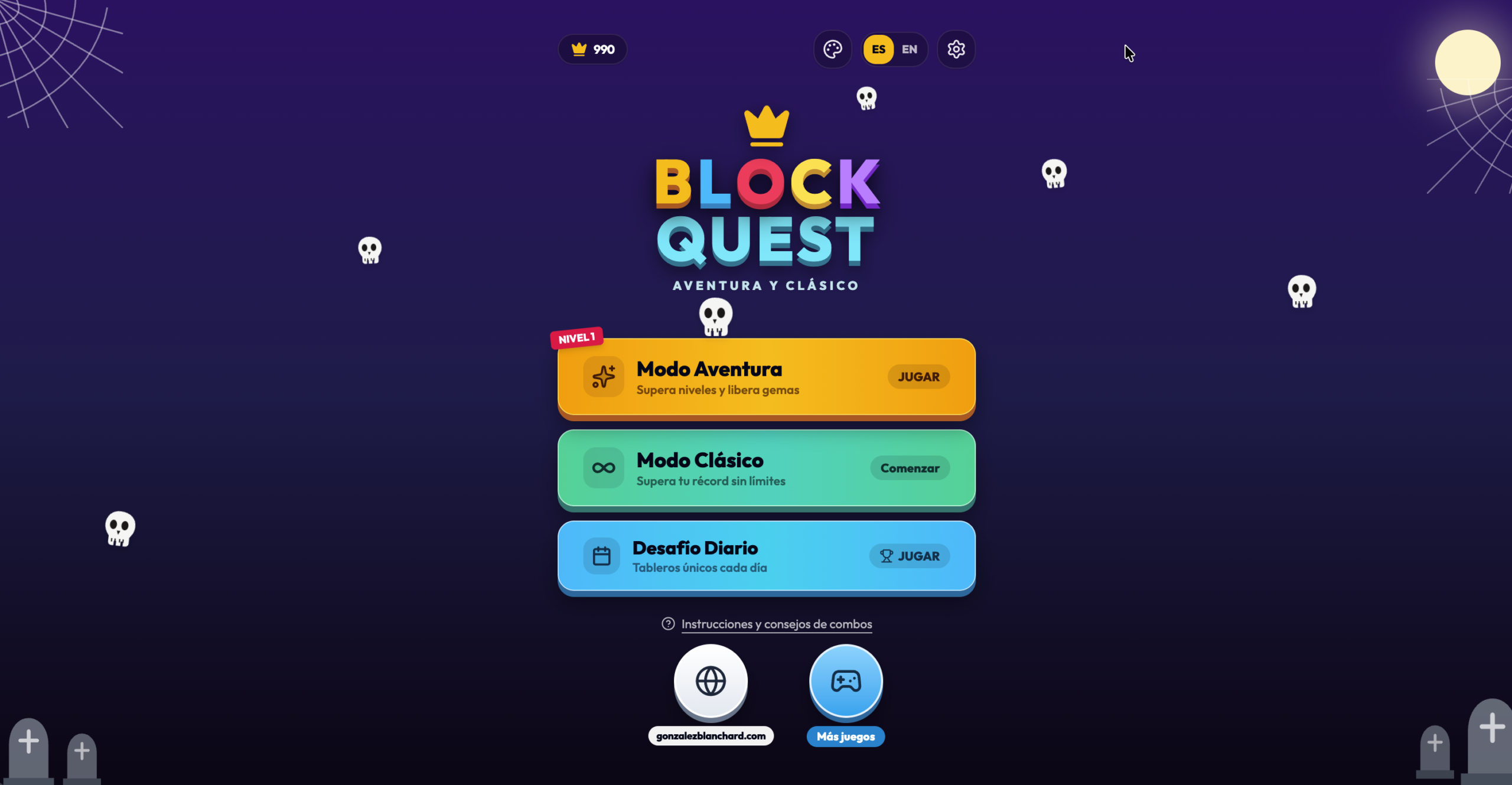 Pantalla de inicio de Block Quest con el tema de Halloween: telarañas, calaveras, tumbas y la luna