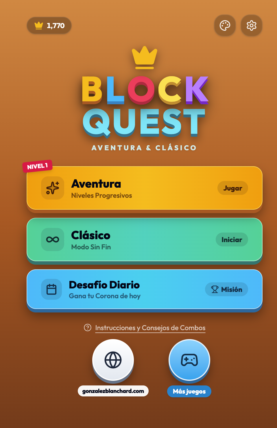 Menú principal de Block Quest con los modos Aventura, Clásico y Desafío diario