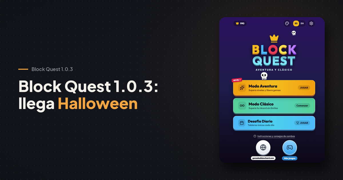 Portada Block Quest 1.0.3: llega Halloween, con la pantalla de inicio del juego en tema de Halloween