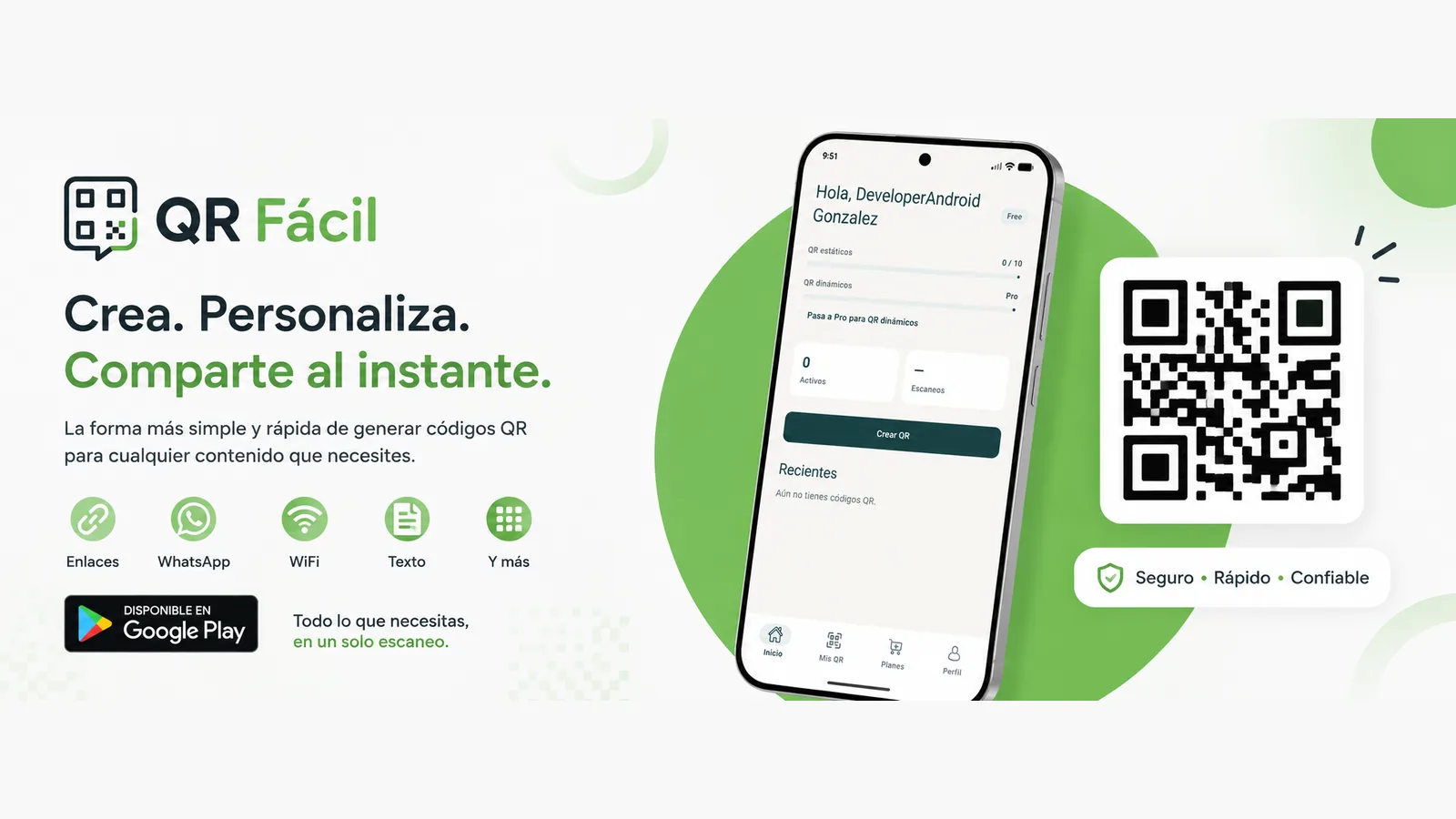 QR Fácil: app para crear y compartir códigos QR, con su pantalla en un teléfono